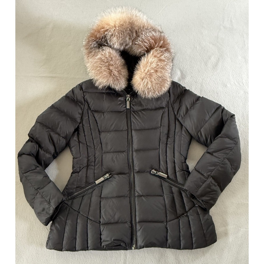 Dawn Levy Women's Nikki Puffer Down Coat Real Fox Fur Trim Hood Black M